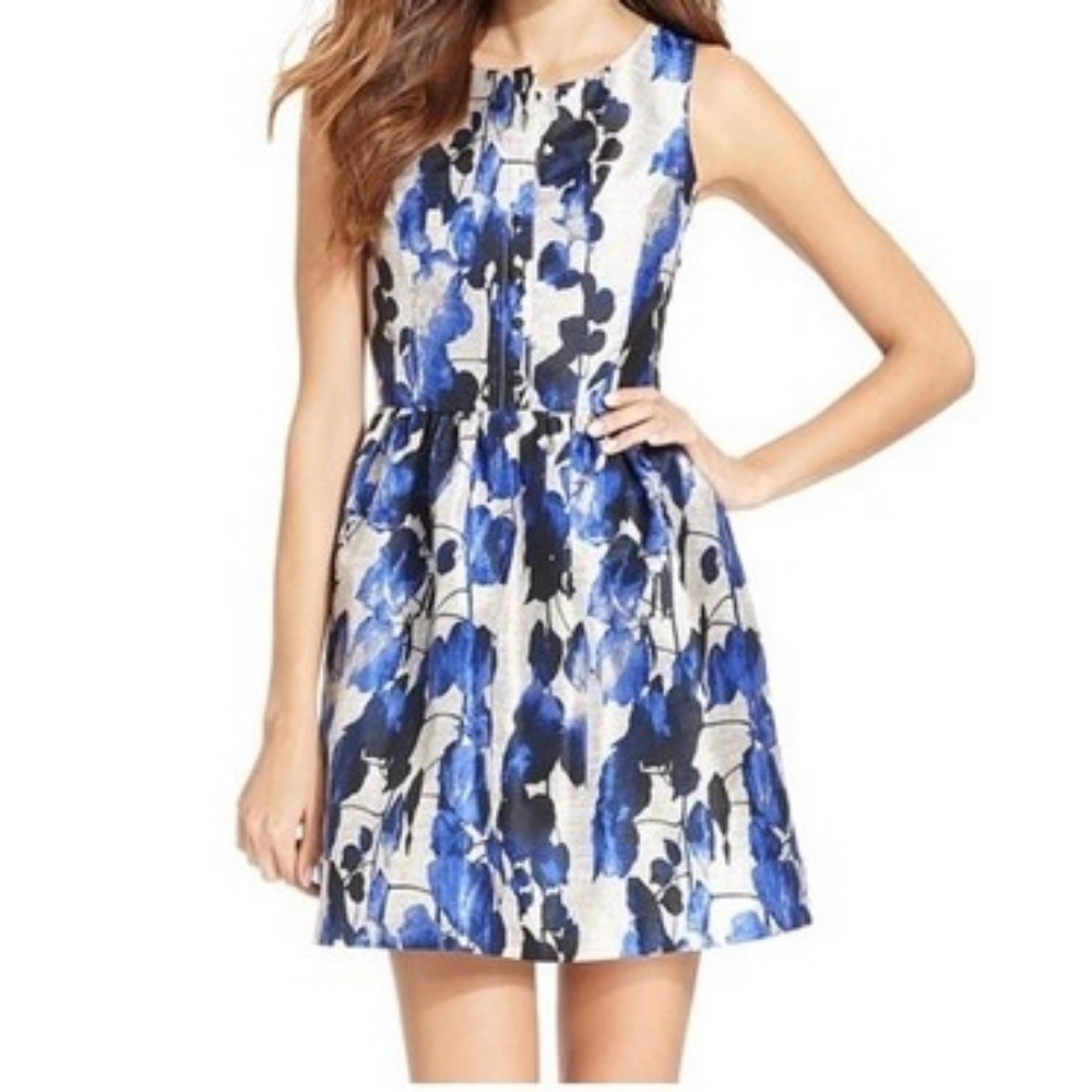 Kensie Blue Black White Floral Sleeveless Zip-Front Midi Dress